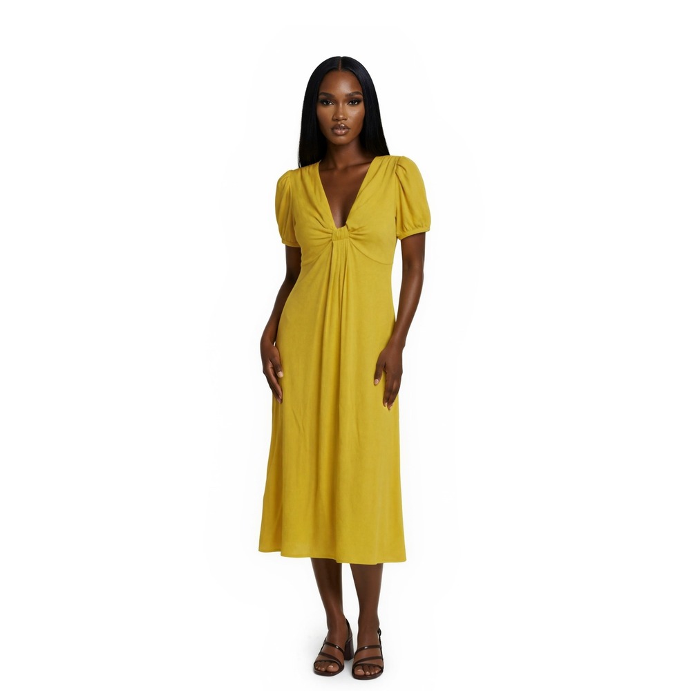 Line & Dot Women's Size Small‎ Yellow Twist Bust Puff Sleeve Maxi Dress
